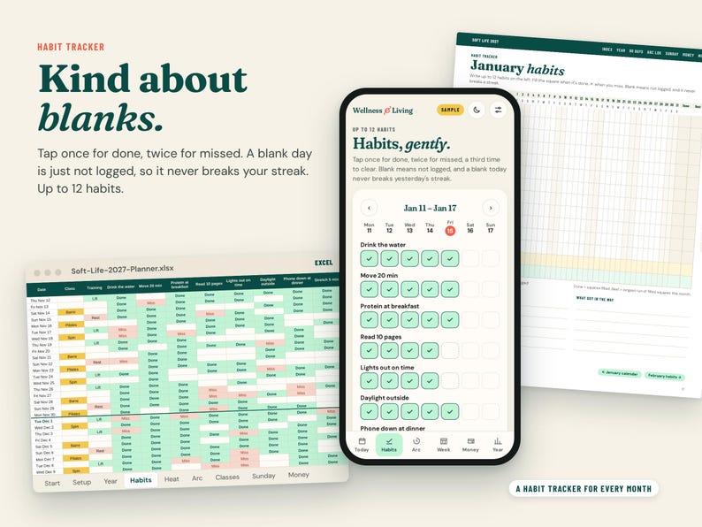 Pu&ograve; includere: Un tracker di abitudini digitale visualizzato su uno schermo di smartphone, un'interfaccia di foglio di calcolo Excel e una pagina di agenda stampata. Gli schermi mostrano elenchi di attivit&agrave; con spunte, date e il testo Wellness Living.