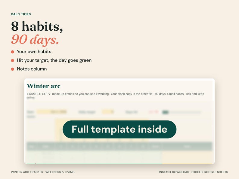 90-Day Winter Arc Tracker, Habit & Workout Planner (Excel + Google Sheets) image 3