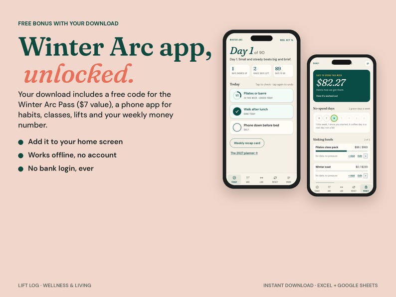 以下が含まれることがあります： 薄いピンク色の背景にWinter Arcアプリのインターフェースを表示する2台のスマートフォン。画面には習慣トラッキング、日々の目標、財務データが表示されています。テキストには「Winter Arc app, unlocked」や「Day 1 of 90」などが含まれています。