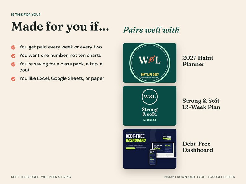 Puede incluir: Un gr&aacute;fico informativo digital titulado Made for you if... que enumera criterios para una herramienta de presupuesto. Muestra tres miniaturas de productos: 2027 Habit Planner, Strong & Soft 12-Week Plan y Debt-Free Dashboard, con etiquetas.