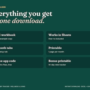 May include: A dark green digital product information graphic with white text reading Everything you get in one download. Features include an Excel workbook, 12 month tabs, a bonus app code, Google Sheets compatibility, printables, and a 14-day mini tracker.