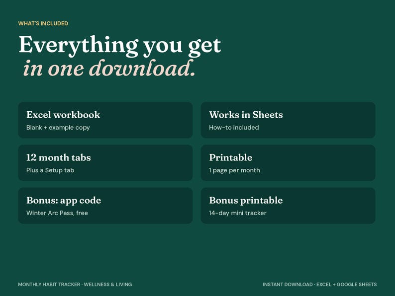 May include: A dark green digital product information graphic with white text reading Everything you get in one download. Features include an Excel workbook, 12 month tabs, a bonus app code, Google Sheets compatibility, printables, and a 14-day mini tracker.