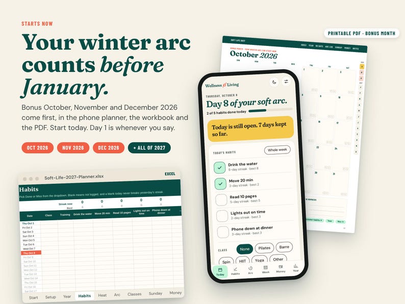 Pu&ograve; includere: Un set di pianificatori digitali con uno smartphone che mostra un'app per il monitoraggio delle abitudini, una pagina di calendario stampabile di ottobre 2026 e un'interfaccia di foglio di calcolo Excel. Il testo include Your winter arc counts before January.