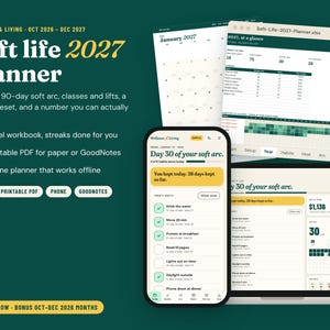 Pu&ograve; includere: Un'agenda digitale intitolata Soft life 2027 planner visualizzata su smartphone, laptop e tablet. L'interfaccia presenta tracker delle abitudini, un arco di 90 giorni e l'integrazione con cartelle di lavoro Excel in verde e crema.