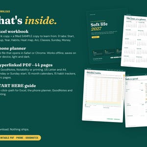 Pu&ograve; includere: Un set di planner digitali che include una cartella di lavoro Excel, un planner per telefono, un PDF con collegamenti ipertestuali di 44 pagine e una guida START HERE. Il testo What's inside &egrave; mostrato accanto ad anteprime di calendari.