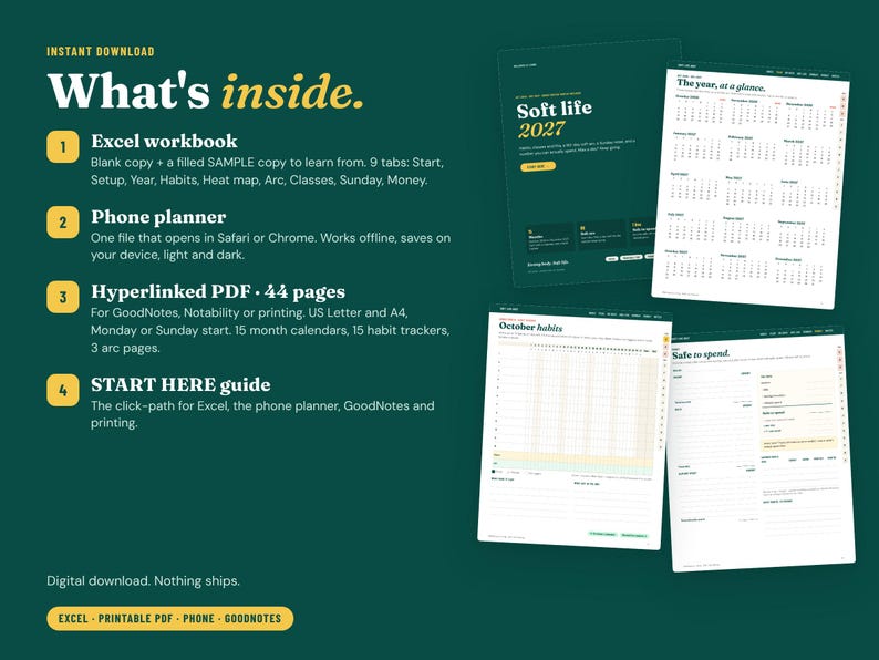 Pu&ograve; includere: Un set di planner digitali che include una cartella di lavoro Excel, un planner per telefono, un PDF con collegamenti ipertestuali di 44 pagine e una guida START HERE. Il testo What's inside &egrave; mostrato accanto ad anteprime di calendari.