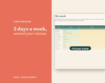3-Day Pilates-Friendly Gym Plan, Strength Training Tracker (Excel/Google Sheets)