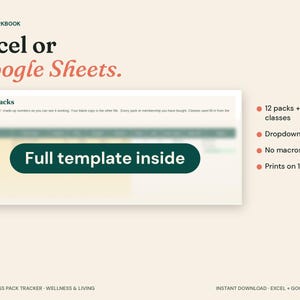 May include: An Excel workbook template for Excel or Google Sheets titled Pilates Class Pack Tracker. It features a blurred spreadsheet preview with a dark green button labeled Full template inside, plus a list of 12 packs, 400 classes, dropdown lists, no macros, and prints on 1 page.