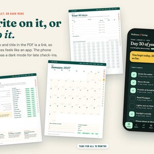 Pu&ograve; includere: Un set di pianificatori digitali con uno smartphone che mostra un'interfaccia di monitoraggio delle abitudini in modalit&agrave; scura, accanto a due pagine di calendario di gennaio 2027 con schede di navigazione per 15 mesi.