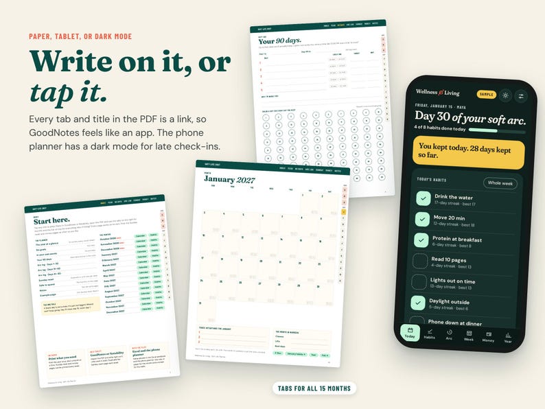Pu&ograve; includere: Un set di pianificatori digitali con uno smartphone che mostra un'interfaccia di monitoraggio delle abitudini in modalit&agrave; scura, accanto a due pagine di calendario di gennaio 2027 con schede di navigazione per 15 mesi.