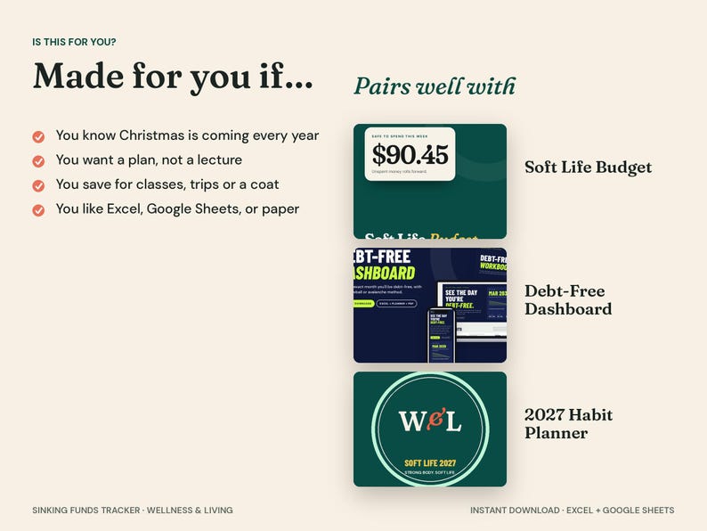 May include: A digital product information graphic featuring the text Made for you if... and Pairs well with. It displays three software interface previews: Soft Life Budget, Debt-Free Dashboard, and 2027 Habit Planner, with bulleted text lists.