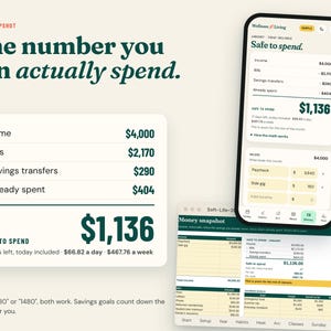 Pu&ograve; includere: Un'interfaccia digitale mostra un riepilogo finanziario con il testo One number you can actually spend. Uno smartphone mostra un'app di budget con dati su entrate e uscite. Una finestra di foglio di calcolo mostra tabelle finanziarie.