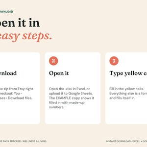May include: A digital instruction graphic titled Open it in 3 easy steps. It outlines three numbered boxes: 1 Download, 2 Open it, and 3 Type yellow cells. The text explains how to access and use a Pilates class pack tracker spreadsheet file.