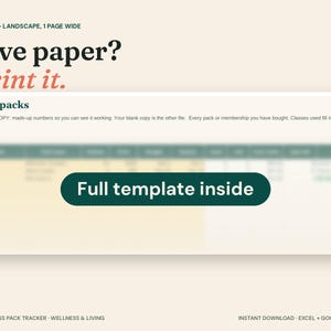 May include: A digital template for a Pilates class pack tracker featuring the text Love paper? Print it. Class packs, and Full template inside. The layout includes a spreadsheet table for tracking classes, memberships, and usage, designed for Excel and Google Sheets.
