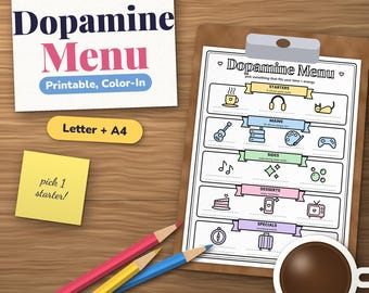 Dopamine Menu Printable, ADHD Color-In Visual Tracker, Self-Care Coloring Pages