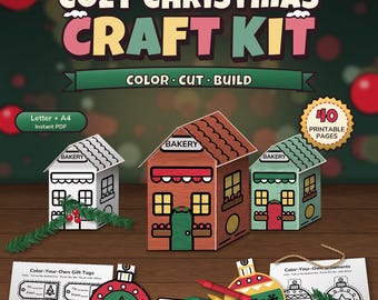 Christmas Craft Kit Printable, Paper Village Houses, Ornaments, Gift Tags, Coloring Pages, Kids Activity PDF, 40 Pages