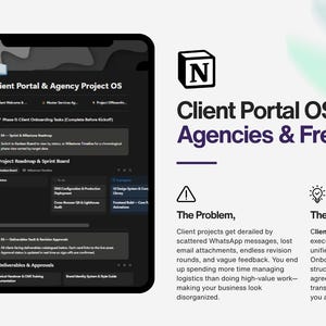 Op de afbeelding: Een digitale tablet met een donkergekleurde Client Portal & Agency Project OS-interface. Daarnaast staat de tekst: Client Portal OS - Built For Agencies & Freelancers, gevolgd door de secties The Problem en The Solution met bijbehorende teksten.