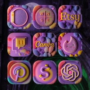 May include: A grid of nine square app icons with rounded corners, featuring a purple and yellow textured background. The icons display symbols for Wise, Etsy, Twitch, Canva, Tinder, Pinterest, a dollar sign, and ChatGPT in a raised, 3D style.