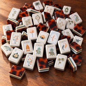 May include: A collection of rectangular mahjong tiles featuring a mix of white faces with colorful botanical, animal, and numerical illustrations, and dark brown tortoiseshell-patterned backs with layered green and cream side edges.