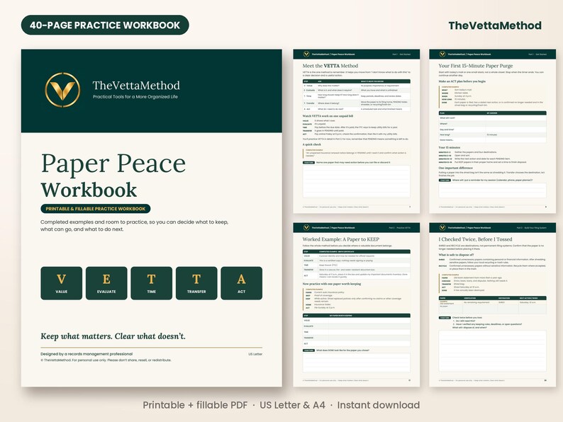 Paper Peace Workbook, Printable Paper Organizing Workbook, Fillable PDF, Home Filing System Practice, Declutter Paperwork Guide afbeelding 1