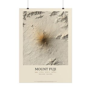 May include: A beige wall poster featuring a 3D topographic relief map of Mount Fuji. The text reads MOUNT FUJI, Japan, 3,776 m, 35°22' N - 138°44' E, Peaks & Islands, Shale & Shade. The map displays the mountain's peak and surrounding terrain.