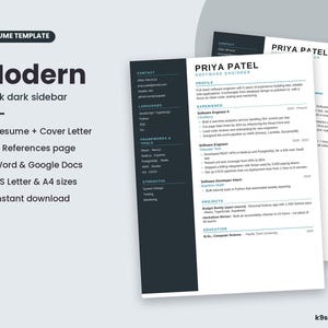 Modern Tech Resume Template, Dark Sidebar CV with Cover Letter (Digital Download)