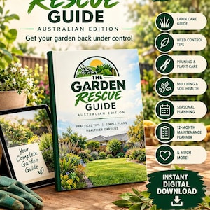 Op de afbeelding: De Garden Rescue Guide Australian Edition is een digitaal boek met een groen gazon en een huis op de cover. Het bevat secties voor gazononderhoud, onkruidbestrijding, snoeien, mulchen en een 12-maanden onderhoudsplanner.