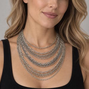 Vintage Silver Tone Multi Strand Chain Necklace Layered Waterfall Statement Necklace 1970s