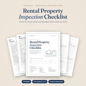 May include: A printable rental property inspection checklist document set featuring 18 pages in US Letter 8.5 x 11 inch format. The pages include sections for move-in, move-out, and routine inspections, with room-by-room breakdowns and space for notes.