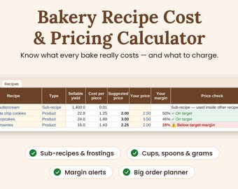 May include: A digital bakery recipe cost and pricing calculator spreadsheet for Excel and Google Sheets. The interface displays columns for recipe names, yield, cost, suggested price, and margin alerts. Features include sub-recipes, unit conversions, and a big order planner.