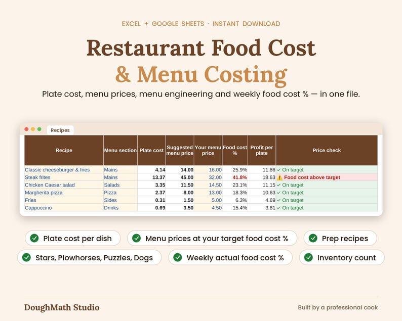 Restaurant food cost and menu costing spreadsheet cover: recipes tab with plate cost, menu price and food cost percent