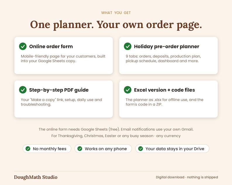 What you get: online order form, holiday planner, PDF guide, Excel version and code files