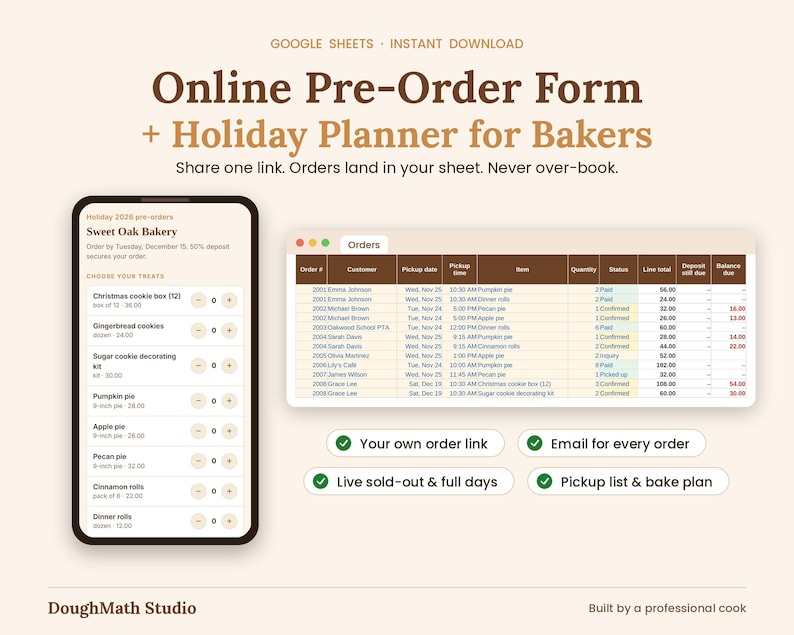 Bakery online pre-order form on a phone next to the holiday orders spreadsheet in Google Sheets