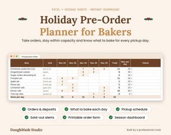 Holiday Bakery Pre-Order Tracker, Thanksgiving Pie & Christmas Cookie Orders (Google Sheets, Excel)