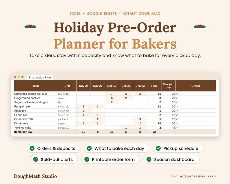 Holiday Pre-Order Planner for Bakers cover: production plan spreadsheet showing items to bake per pickup day, with feature labels