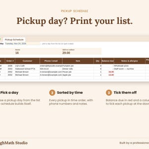 Printable pickup schedule sorted by time with balances due