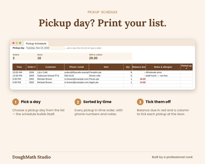 Printable pickup schedule sorted by time with balances due