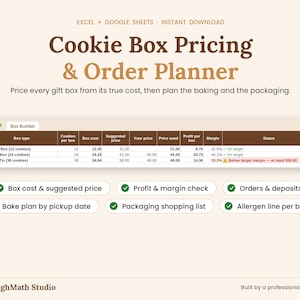 Cookie Box Pricing Calculator & Gift Order Planner, Bake Plan Spreadsheet (Google Sheets, Excel)