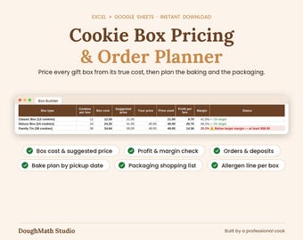 Cookie Box Pricing Calculator & Gift Order Planner, Bake Plan Spreadsheet (Google Sheets, Excel)