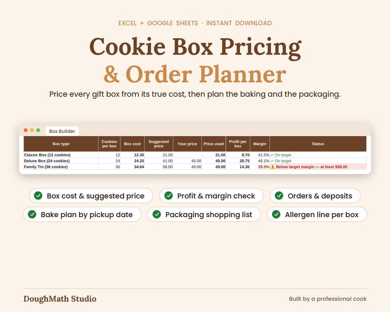 Cookie Box Pricing and Order Planner spreadsheet cover showing box cost, suggested price and profit for gift boxes