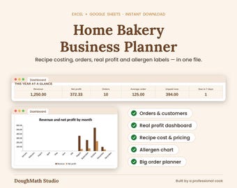May include: A digital Home Bakery Business Planner for Excel and Google Sheets. The interface displays a dashboard with revenue, net profit, order counts, and a bar chart showing monthly financial data. Features include order tracking, recipe costing, and allergen charts.