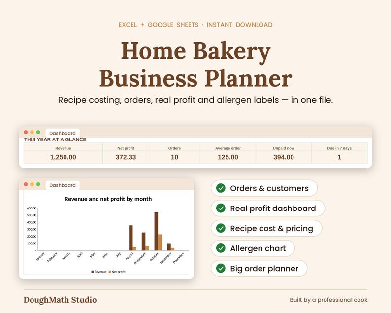 Home Bakery Business Spreadsheet, Order Tracker, Recipe Costing, Allergen Chart (Google Sheets, Excel) image 1