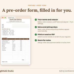 Printable holiday pre-order form filled in from the menu, pickup days and bakery settings