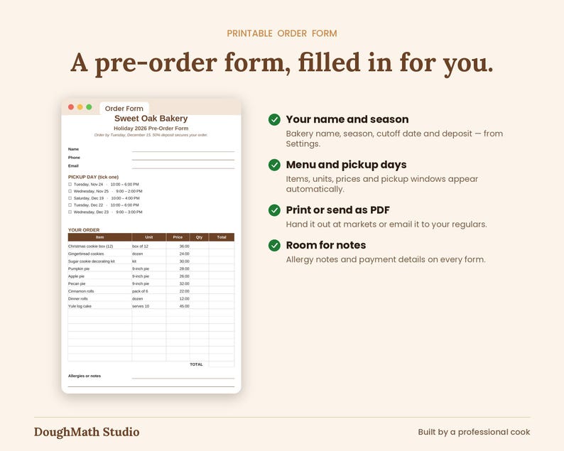 Printable holiday pre-order form filled in from the menu, pickup days and bakery settings