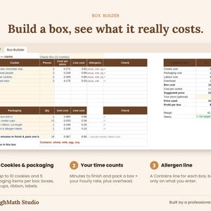 Box Builder tab: cookies, packaging, labor and overhead cost for a Christmas cookie gift box