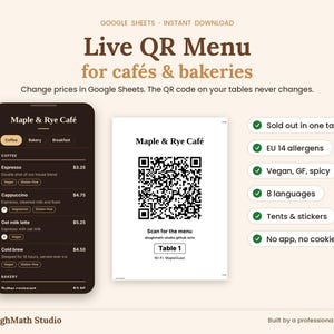 May include: A digital menu system featuring a smartphone display showing a dark-themed cafe menu and a white printable QR code card. Text includes Live QR Menu for cafes & bakeries, Maple & Rye Cafe, and a list of features like Sold out in one tap.