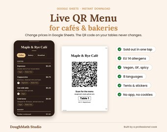 QR Code Menu Template for Cafes & Bakeries, Live Google Sheets Menu, Printable Table QR