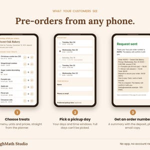 Three phone screens: choosing treats, picking a pickup day and the order confirmation