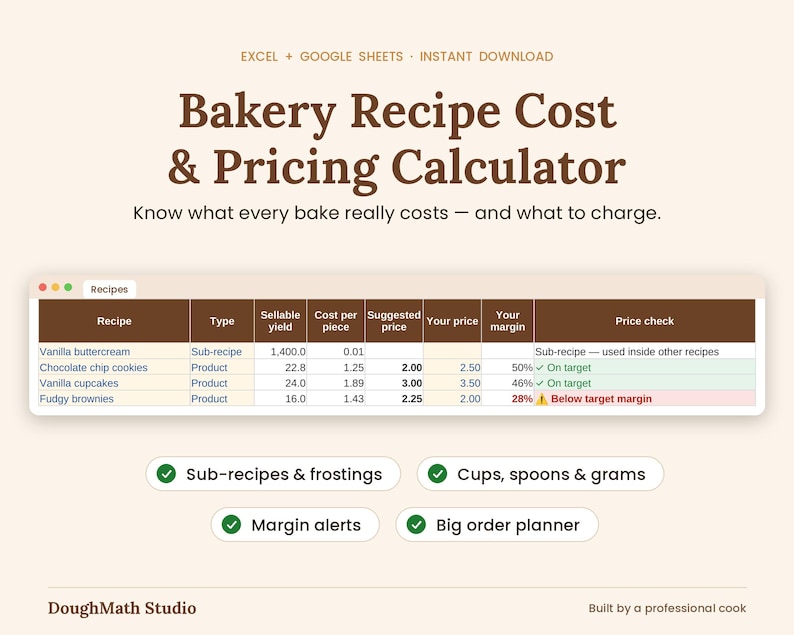 May include: A digital bakery recipe cost and pricing calculator spreadsheet for Excel and Google Sheets. The interface displays columns for recipe names, yield, cost, suggested price, and margin alerts. Features include sub-recipes, unit conversions, and a big order planner.