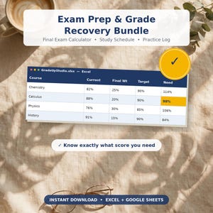 Exam Prep Bundle Excel | Final Exam Calculator, Study Schedule Template, Grade Recovery Planner, Practice Test Tracker